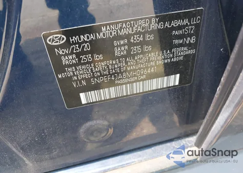 2021 Hyundai Sonata Sel из США, поврежденный, VIN 5NPEF4JA8MH096441